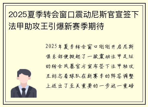 2025夏季转会窗口震动尼斯官宣签下法甲助攻王引爆新赛季期待